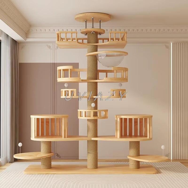 Multi-Level Floor-To-Ceiling Cat Tree Wood Climbing Frame Tree Scratching Sisal Pillar Jumping Platform Tower Height 250-270Cm